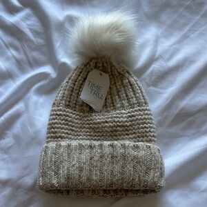 Cream Knit Beanie with Fluffy Pom